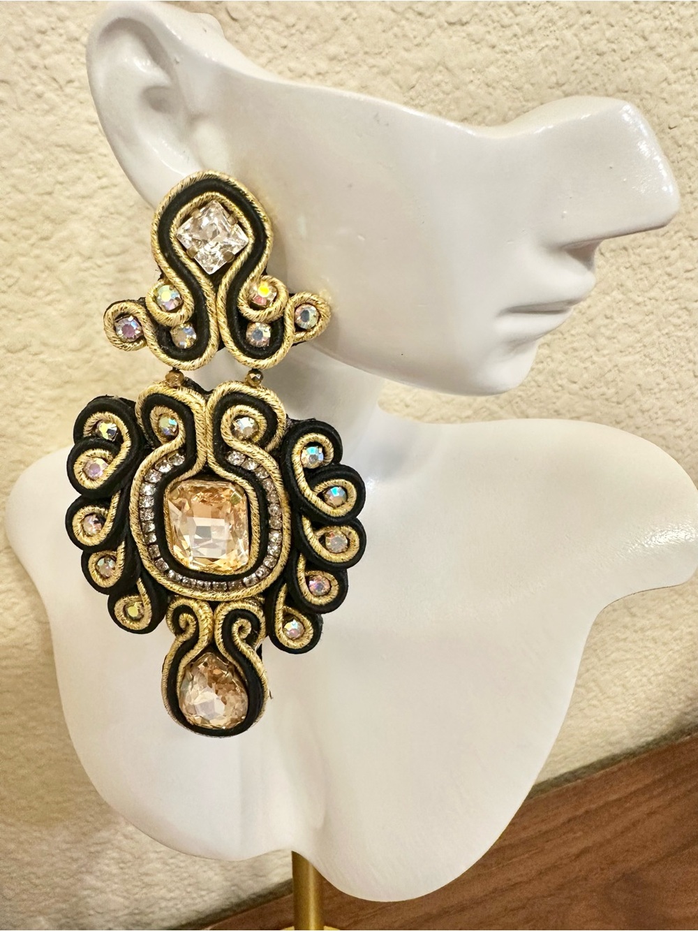 Elegant Handmade Black & Gold Crystal Soutache Statement Earrings